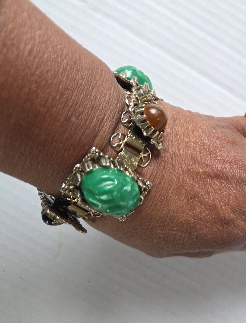 Vintage 50s Chunky Molded Multi-color Scarab Cabochon Panel Link Bracelet